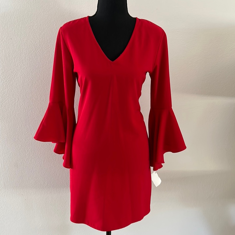 Impeccable pig v neck long sleeve red dress with flare sleeve bottoms